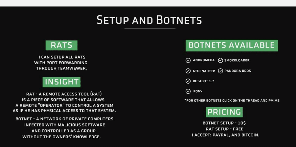 Advertisement for RAT and Botnet Setup Services